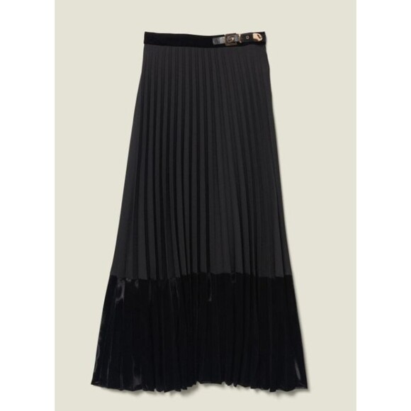 Sandro Paris Velna Black Pleated Midi Skirt Size 4 with Belt Detail Velvet trim - Picture 1 of 15